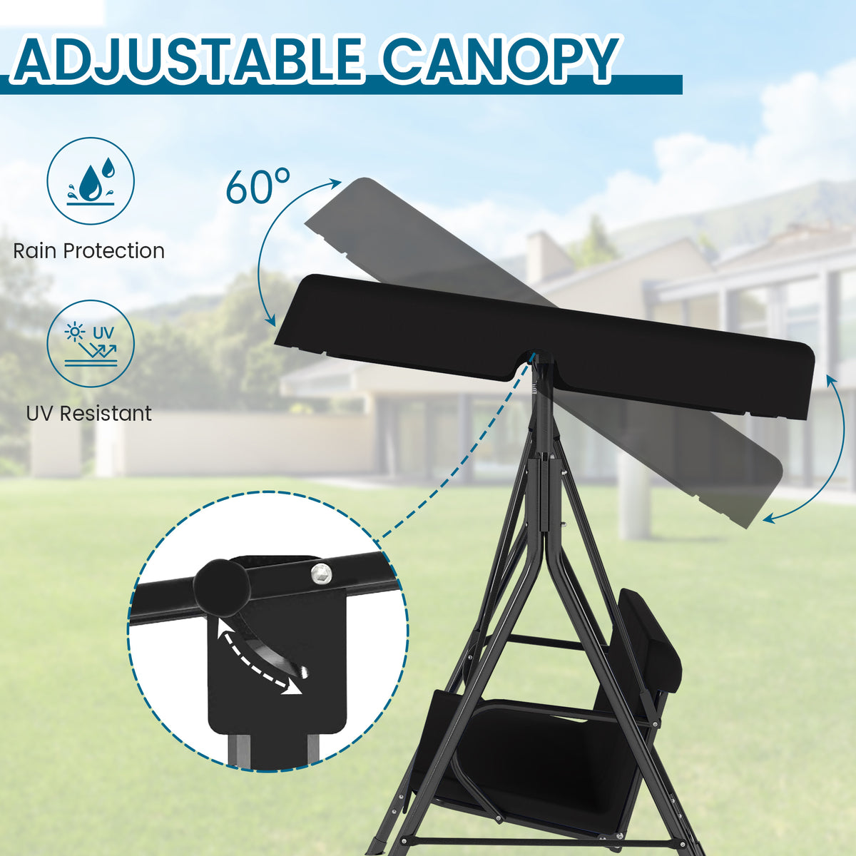 Outdoor Porch Glider Swing with Canopy Rust Proof Heavy Duty Steel Frame Adjustable Canopy Patio Furniture Garden Lawn Backyard Black Beige Brown Red Green