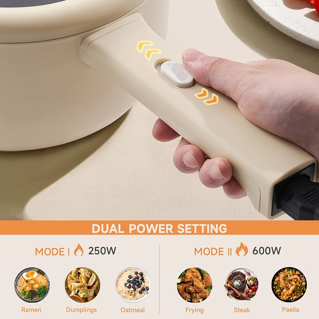 Mini Electric Cooker 2L Non-Stick Saute Pan with Adjustable Power, Rapid Noodle Cooker Mini Pot for Ramen, Oatmeal, Steak, Eggs & Fried Rice – College Dorm Room Essential, Beige & Green