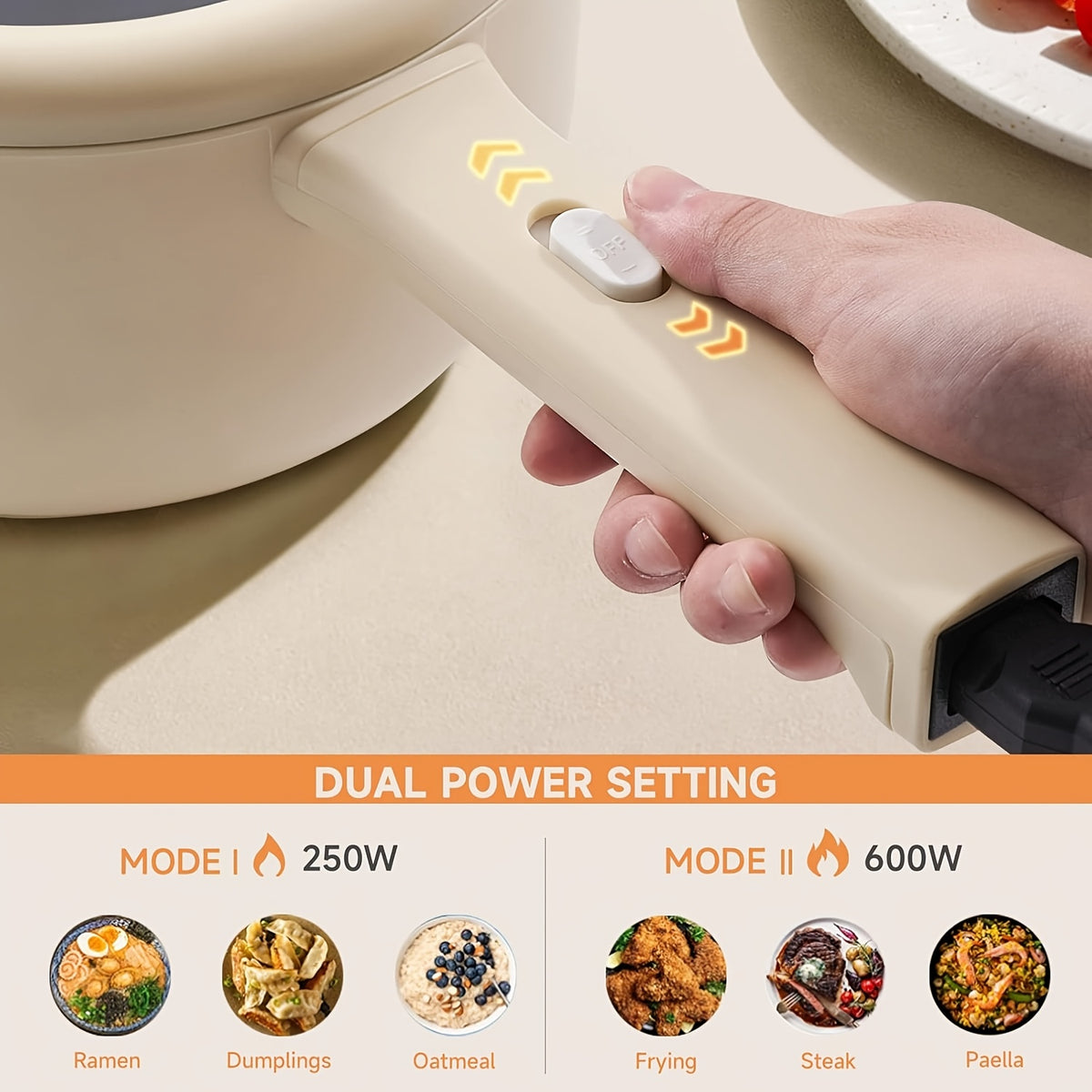 Mini Electric Cooker 2L Non-Stick Saute Pan with Adjustable Power, Rapid Noodle Cooker Mini Pot for Ramen, Oatmeal, Steak, Eggs & Fried Rice – College Dorm Room Essential, Beige & Green