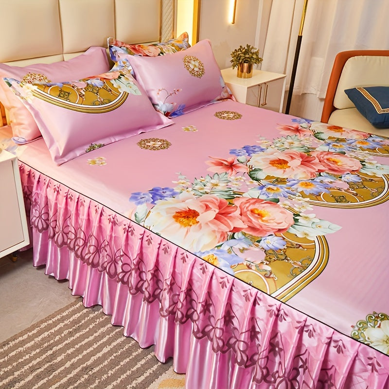 Bedding Set 3-Piece Double Layer Ruffle Bed Skirt Cool Mat with Pillowcases – Washable 360° Full Wrap Twin Full Queen King, 4 Printed Styles
