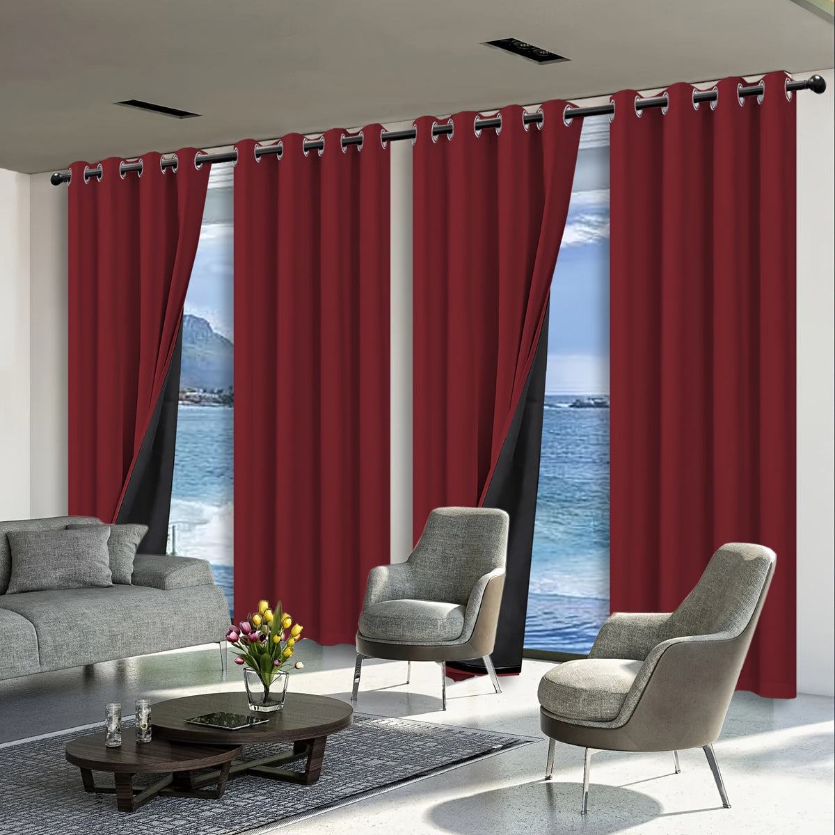 Complete Blackout Curtains 4-Panel Set – Black-Coated Film Thermal Insulated Grommet Top Curtains for Bedroom | Total Light Blocking Window Panels