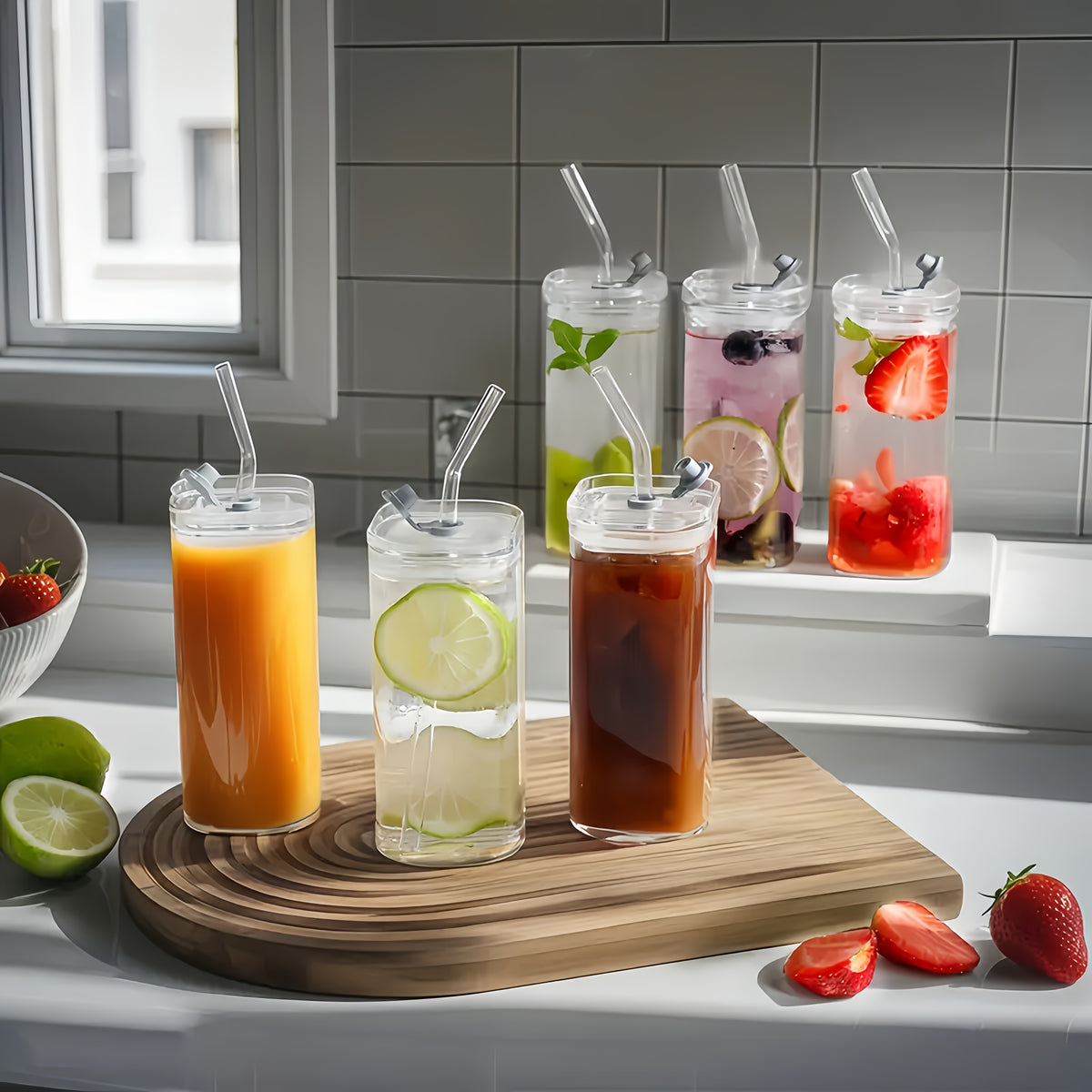 Square Glass Cups with Lids and Straws Set of 6 | Portable Iced Coffee Cups for Office Party Home School Outdoor