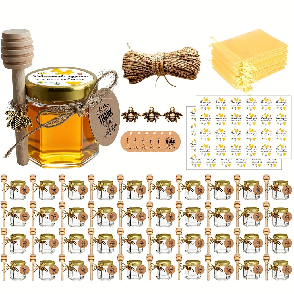 Mini Hexagon Honey Jar Favor Set – 1.5oz Glass Jars with Golden Lid, Bee Charm, Honey Dipper & Gift Tags | 20-60 Pcs | Wedding, Baby Shower & Party Favors