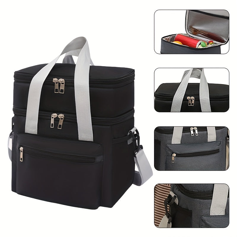 Large Capacity Insulated Lunch Bag with Shoulder Strap Double Pocket Thickened Cooler Tote for Work School Picnic Beach Men Women Black Grey Burgundy