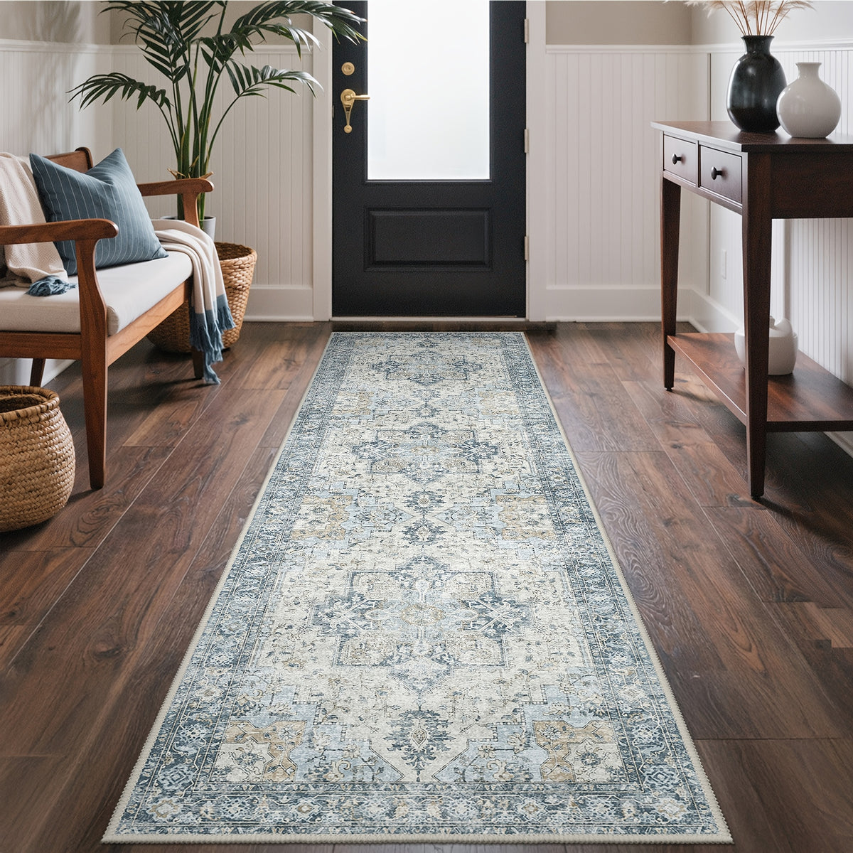 Vintage Retro Area Rug – Machine Washable Non-Slip Low Pile Chenille Print Carpet for Living Room, Bedroom, Dining Room & Home Office, Blue, Multiple Sizes