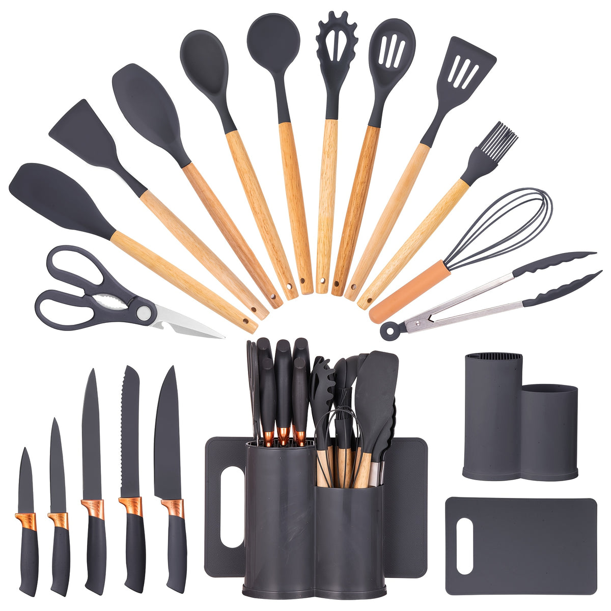 19-Piece Kitchen Knife & Utensil Set with Block – Silicone Cooking Tools, Wooden Handles, Stainless Steel Knives, Cutting Board & Scissors | All-in-One Kitchen Starter Set for Home, Dorm & Housewarming Gift