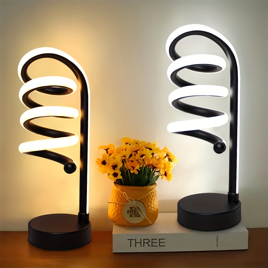 Modern Spiral Touch Table Lamp with USB-C Charging Port 3-Way Dimmable - Minimalist Bedside Lamp for Bedroom Living Room Desk - LED Bulb Included, Black & White, Single & 2-Pack
