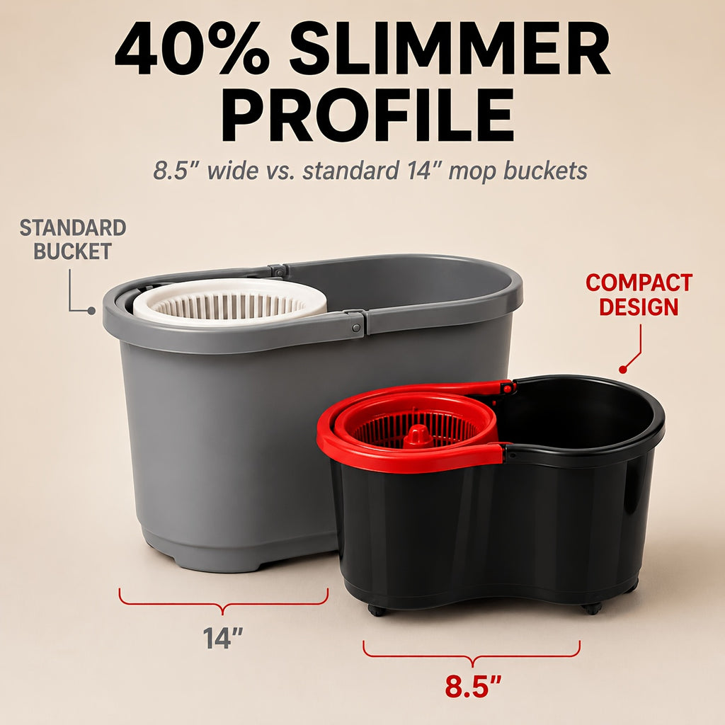 Spin Mop and Bucket Set with 4 Microfiber Heads - Compact Self-Wringing Hands-Free Floor Mop for Apartments Dorms & Small Spaces Fits Under Sink