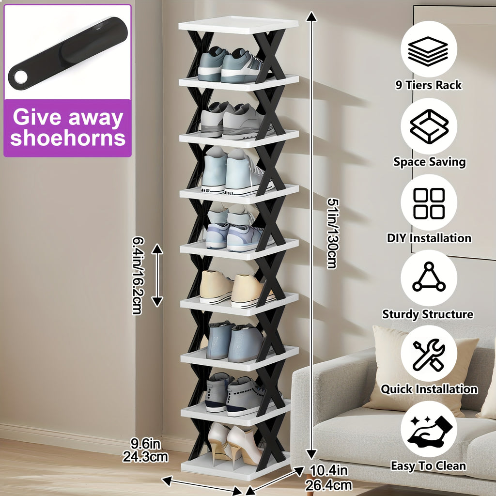 Stackable Shoe Rack Organizer 6 or 9 Tier – Plastic Vertical Shoe Shelf for Entryway, Hallway, Bedroom & Closet, Holds 6–9 Pairs, Easy Assembly, Black or White