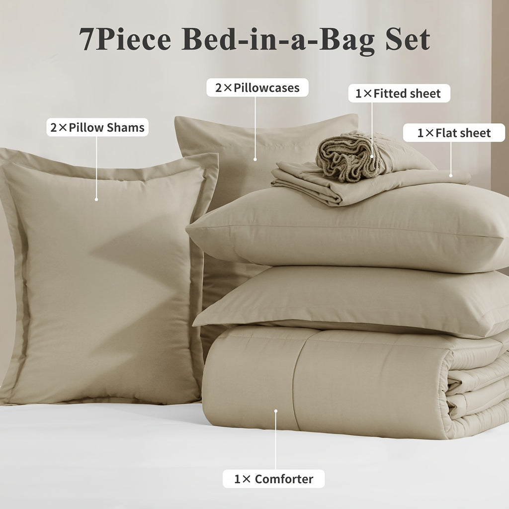 Bed in a Bag Queen 7 Piece Fluffy Comforter Set – Ultra-Soft Microfiber Bedding with Comforter, Fitted Sheet, Flat Sheet & 4 Pillowcases, Hypoallergenic Breathable All Season Bedding Gift for Her