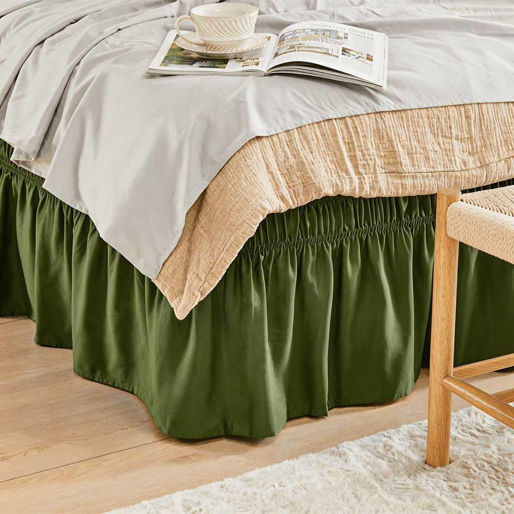 Elastic Wrap Around Bed Skirt No-Lift, 15 Inch Drop Microfiber Dust Ruffle, 30 Fade-Resistant Colors, Machine Washable, Twin Full Queen King Size