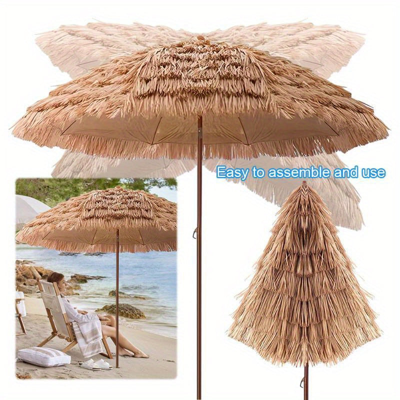 7.5 Foot Tropical Thatch Tiki Outdoor Patio Umbrella UV Protection Push Button Tilt Manual Lift Steel Pole Iron Frame Poolside Garden Backyard