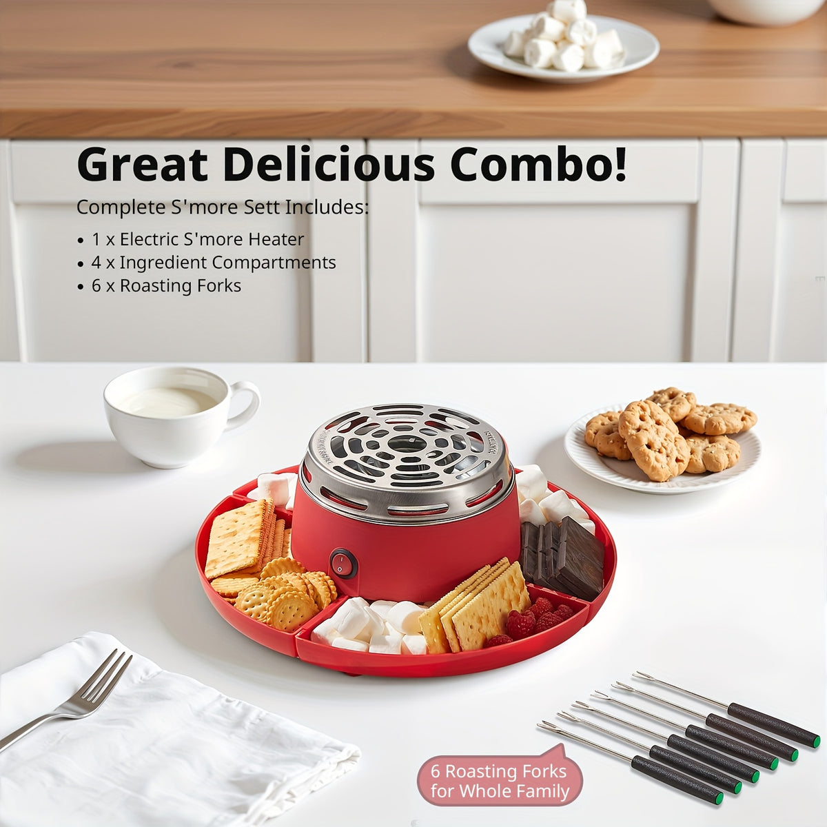 Tabletop S'mores Maker Flameless Electric Marshmallow Roaster with 4 Detachable Trays & 6 Roasting Forks – Indoor Date Night, Family & Game Night Fun