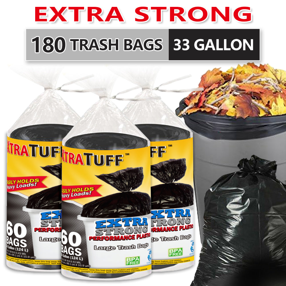 33 Gallon Trash Bags 180 Count 60 Bags Per Roll Tear Resistant Leak Proof Disposable Large Garbage Bags for Home Garden Industrial Commercial Use