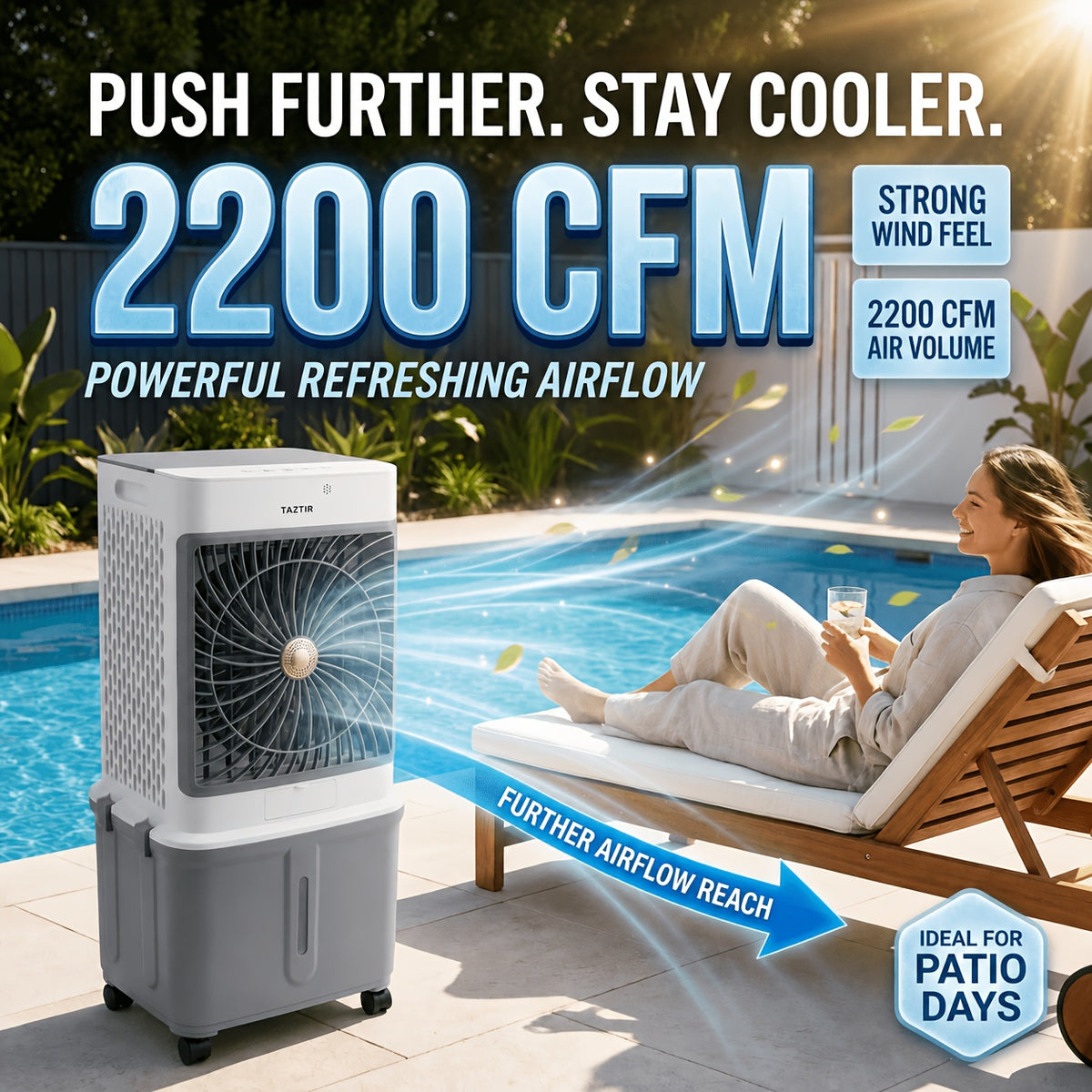 2200 CFM Portable Evaporative Air Cooler – Top-Fill Swamp Cooler with 8.7 Gal Tank, 120° Swing, 3 Speeds, 1/2/4H Timer, 35dB Quiet & 4 Ice Packs | Bedroom, Office, Patio, Kitchen