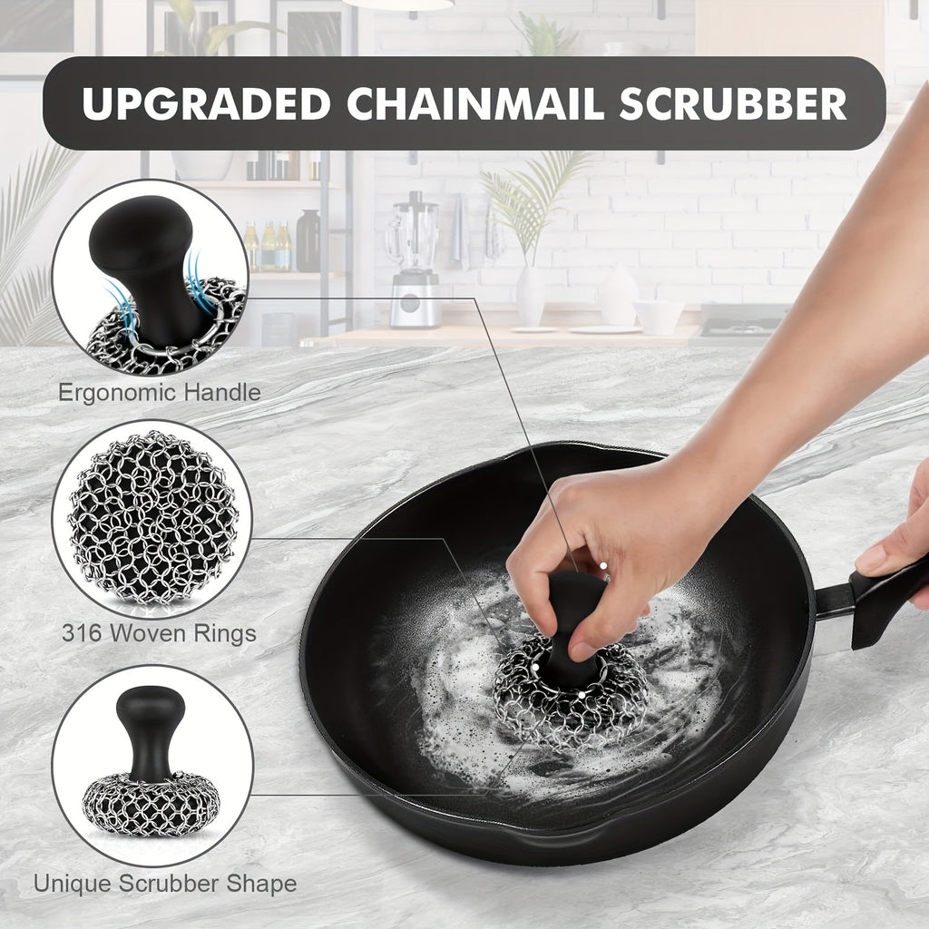 Cast Iron Cleaning Kit with 316 Stainless Steel Chainmail Scrubber – Cleaning Brush, Pan & Grill Scrapers for Skillet, Wok, Grill & Pre-Seasoned Cookware, Ergonomic Cast Iron Care Set