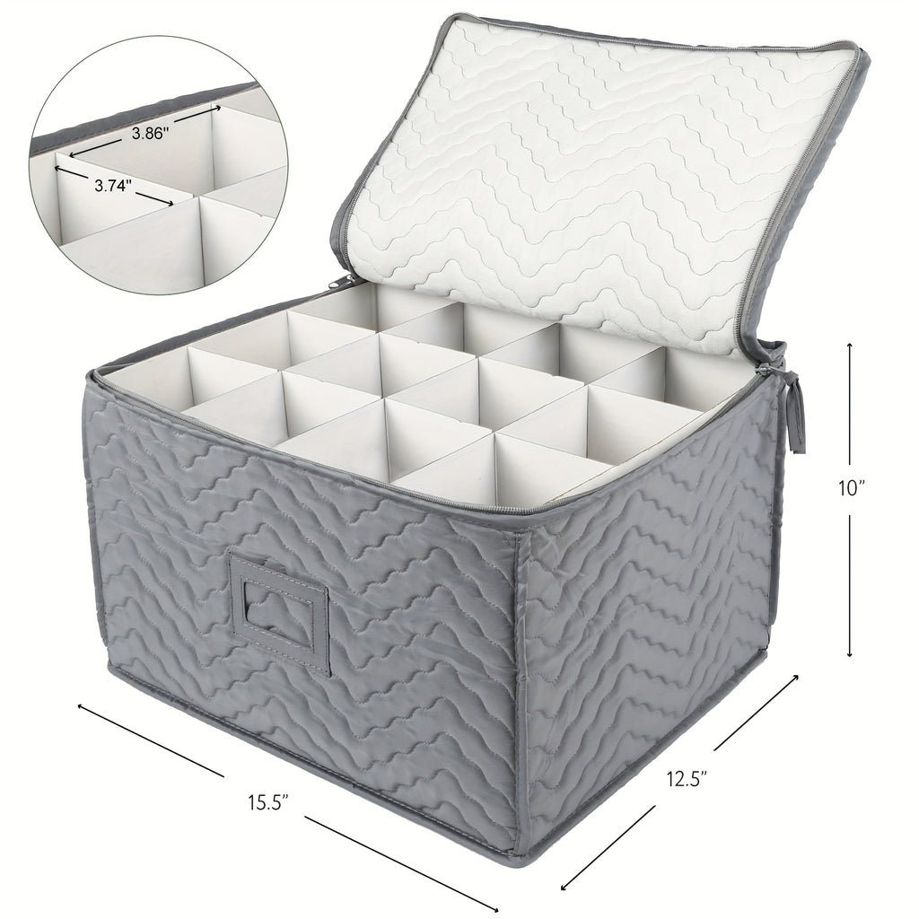 Quilted Stemware Storage Case 12-Compartment Wine Glass Storage Box with Dividers Collapsible 15.5x12.5x10in – Gray