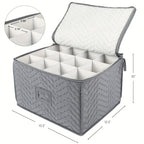 Quilted Stemware Storage Case 12-Compartment Wine Glass Storage Box with Dividers Collapsible 15.5x12.5x10in – Gray