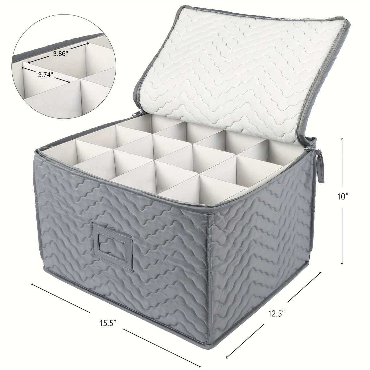 Quilted Stemware Storage Case 12-Compartment Wine Glass Storage Box with Dividers Collapsible 15.5x12.5x10in – Gray