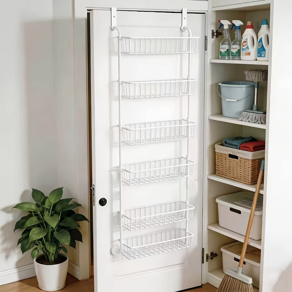 Door-Mounted Metal Storage Rack 6 or 8-Tier, Multi-Room Door-Hanging Organizer Shelf for Kitchen, Living Room, Bedroom, Laundry Room & Bathroom – Black or White