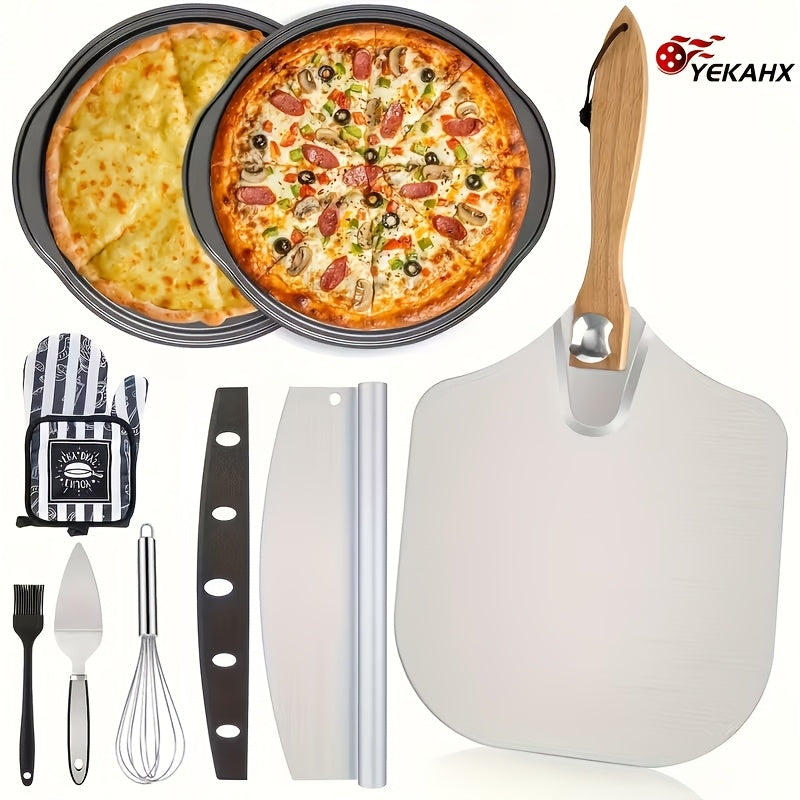 Pizza Making Set 7 or 8pcs – Aluminum Pizza Peel, Carbon Steel Pan, Rocker Cutter, Pie Server, Silicone Brush & Oven Mitts, Complete Pizza Tools for Oven & Grill