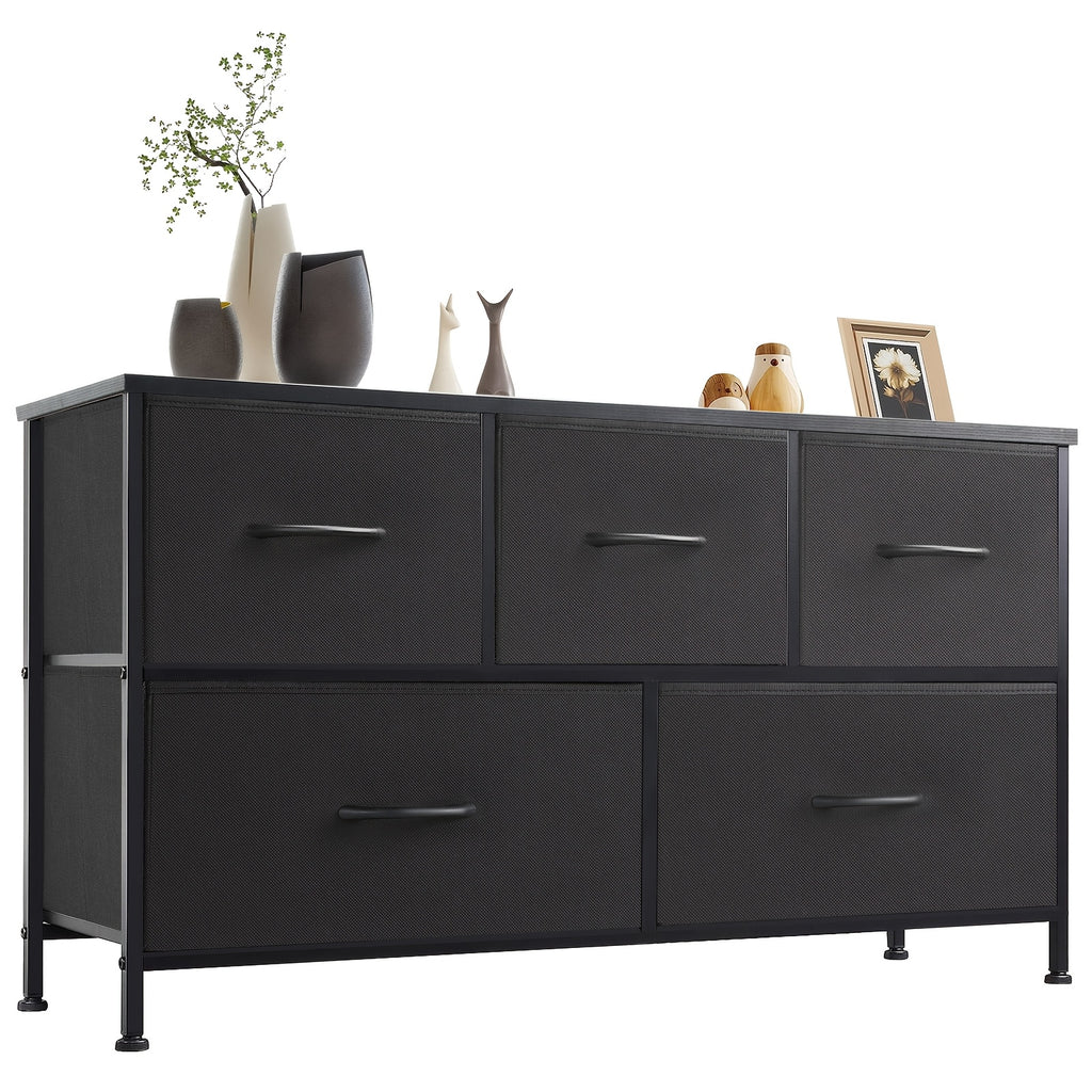 5-Drawer Wide Dresser with Fabric Bins – Freestanding Wood Frame Chest of Drawers, Low Profile Compact Storage Organizer for Bedroom, Hallway, Living Room & Closet, Space-Saving Furniture in Khaki/Green
