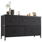 5-Drawer Wide Dresser with Fabric Bins – Freestanding Wood Frame Chest of Drawers, Low Profile Compact Storage Organizer for Bedroom, Hallway, Living Room & Closet, Space-Saving Furniture in Khaki/Green