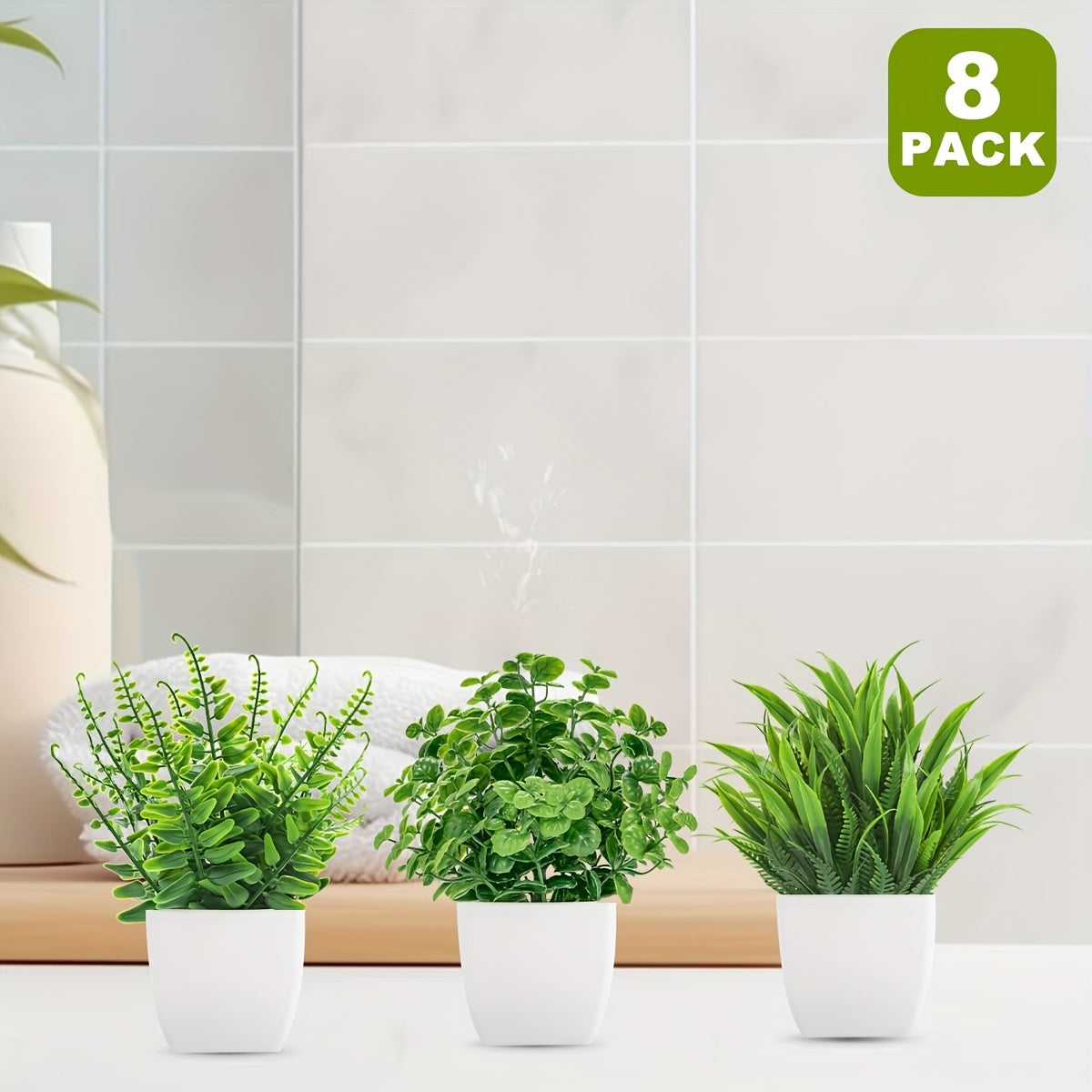 Small Artificial Potted Plants Set of 8 – Fake Mini Greenery in Square Pots for Desk, Office, Bathroom & Home Decor – Indoor Plastic Plants No Maintenance Tabletop Decor