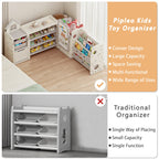 Kids Toy Storage Organizer Foldable with 10 Removable Bins, 3-Tier Bookshelf & Drawing Board – 3-in-1 / 4-in-1 Large Playroom Storage Unit for Bedroom Living Room, L-Shape or Straight, Beige Pink Blue