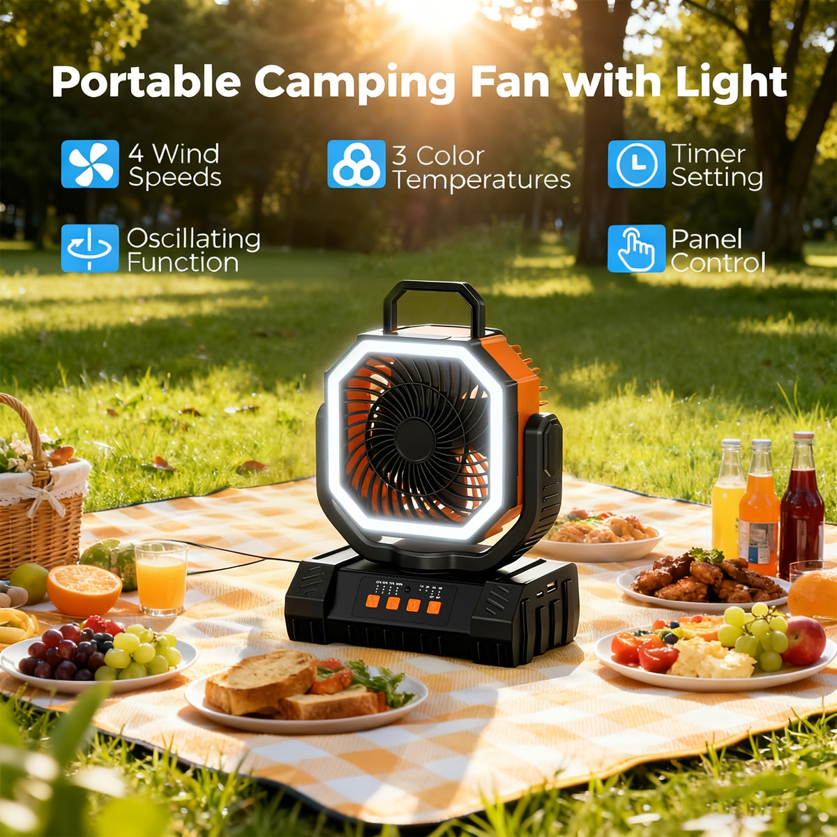 3-in-1 Camping Fan with LED Light & 20000mAh Power Bank Portable Rechargeable Fan 4 Speed Settings Multi-Angle Rotation for Hiking Tent Office & Outdoor Use