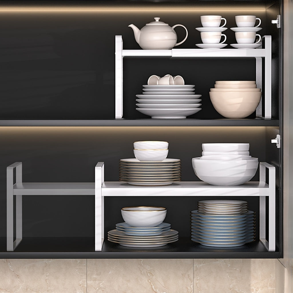 Expandable Cabinet Shelf Organizer Riser – Adjustable Height Kitchen Storage Rack for Pantry, Cupboard, Under Sink & Countertop | Heavy Duty Metal | Space Saver Stackable Shelf | Black & White