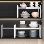 Expandable Cabinet Shelf Organizer Riser – Adjustable Height Kitchen Storage Rack for Pantry, Cupboard, Under Sink & Countertop | Heavy Duty Metal | Space Saver Stackable Shelf | Black & White