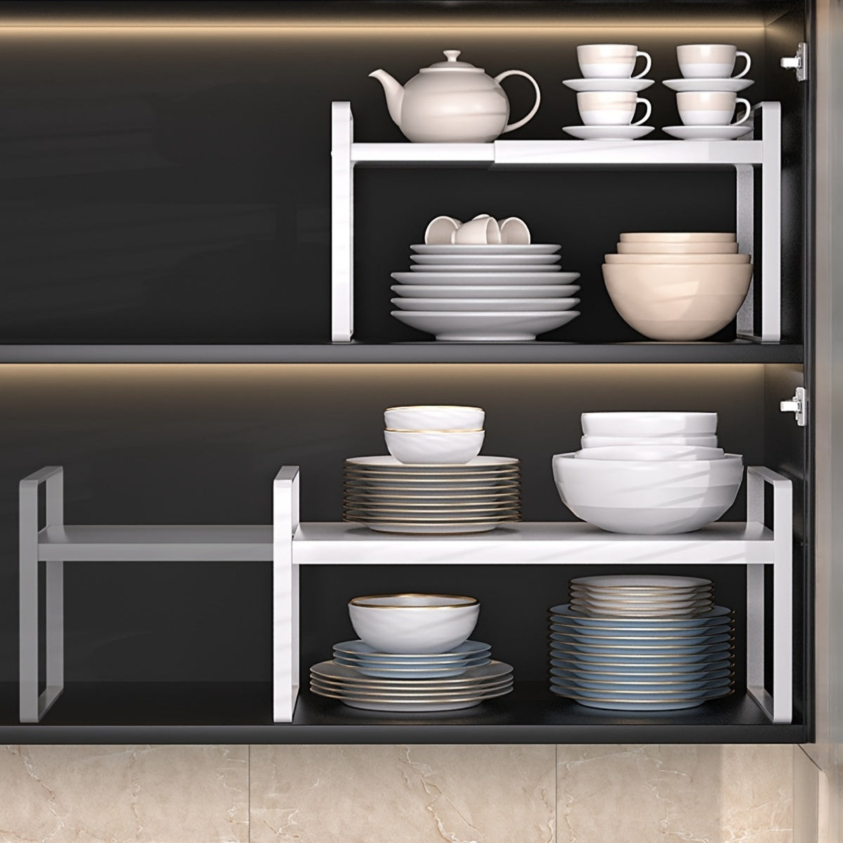 Expandable Cabinet Shelf Organizer Riser – Adjustable Height Kitchen Storage Rack for Pantry, Cupboard, Under Sink & Countertop | Heavy Duty Metal | Space Saver Stackable Shelf | Black & White