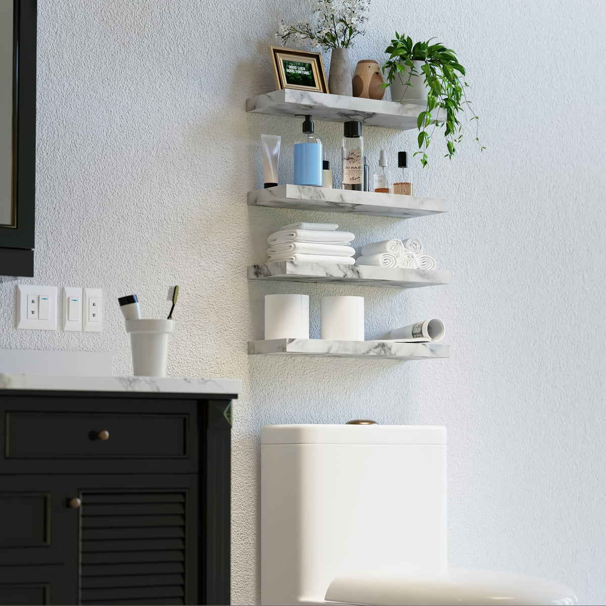 Floating Shelves Wall Mounted Set of 4 – Modern Wall Shelves with Invisible Brackets, Marble Surface Display Shelf for Bedroom, Bathroom, Kitchen & Living Room, Easy No-Drill Install