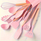Silicone Kitchen Utensil Set 12 Piece with Wooden Handles - Non-Stick Heat Resistant Cooking Tools for Home, Dorm & Baking, Colorful Kitchen Gadgets Gift Set