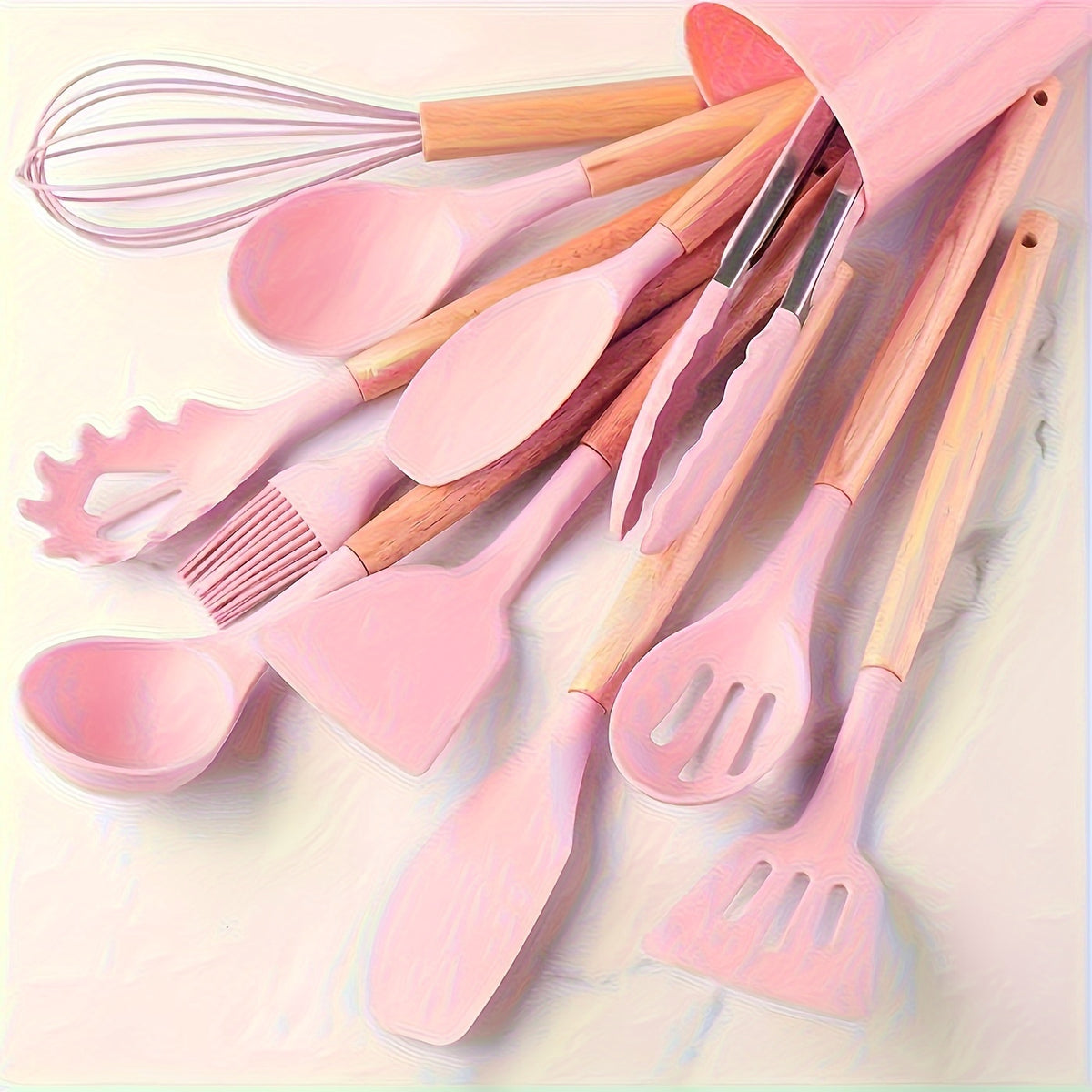 Silicone Kitchen Utensil Set 12 Piece with Wooden Handles - Non-Stick Heat Resistant Cooking Tools for Home, Dorm & Baking, Colorful Kitchen Gadgets Gift Set