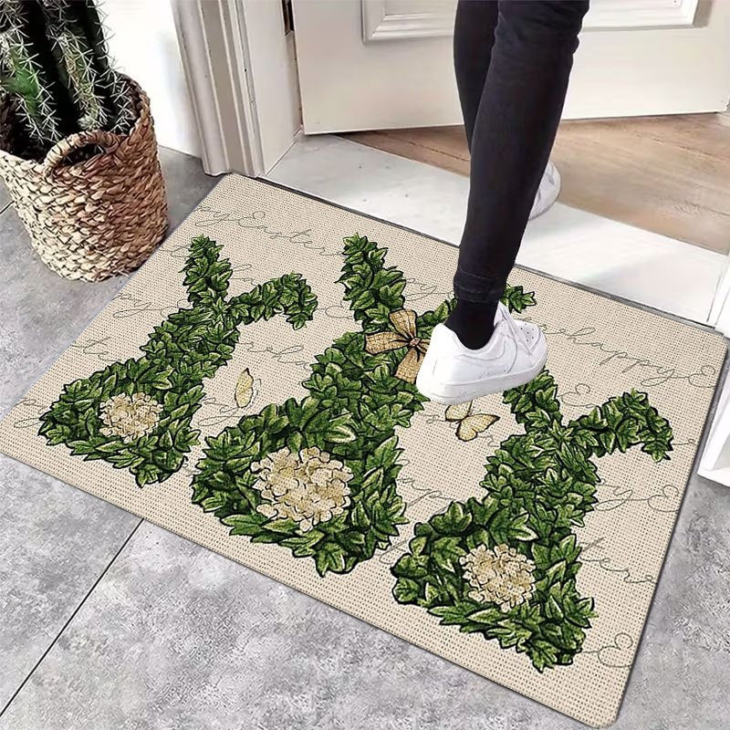 1pc Indoor Entrance Welcome Doormat Outdoor Mat Green Bunny Topiary with Bow and Butterfly Print Pattern Flannel Material Nonslip Comfortable Easy Clean Perfect for Bedroom Living Room or Home Decor Door Mat Ideal Gift for Friends & Family Easter