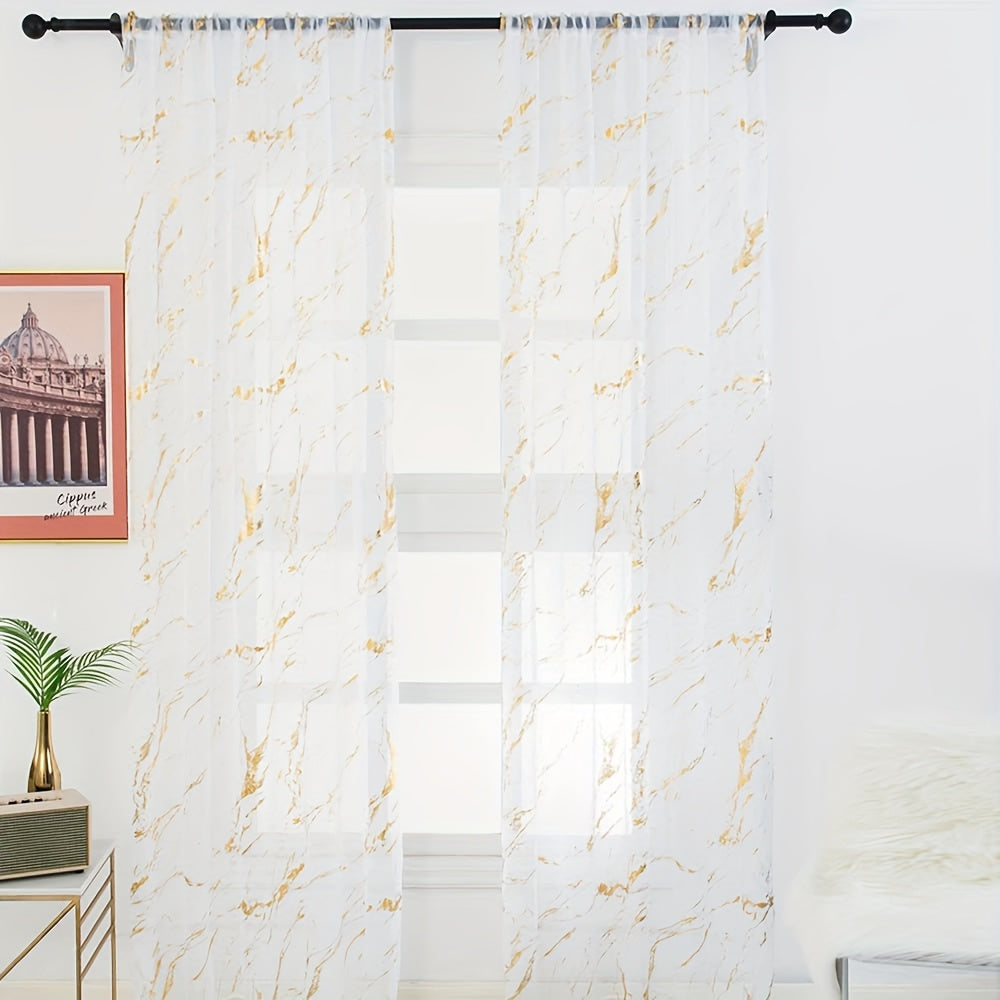Marble Pattern Sheer Curtains Set of 2, Gold Silver Metallic Foil Semi-Sheer Rod Pocket Panels for Living Room Bedroom, 4 Sizes Available