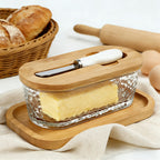 Airtight Glass Butter Dish with Lid Stripe and Crystal Pattern Butter Keeper for Countertop and Refrigerator Hygienic Covered Butter Tray for Kitchen Storage