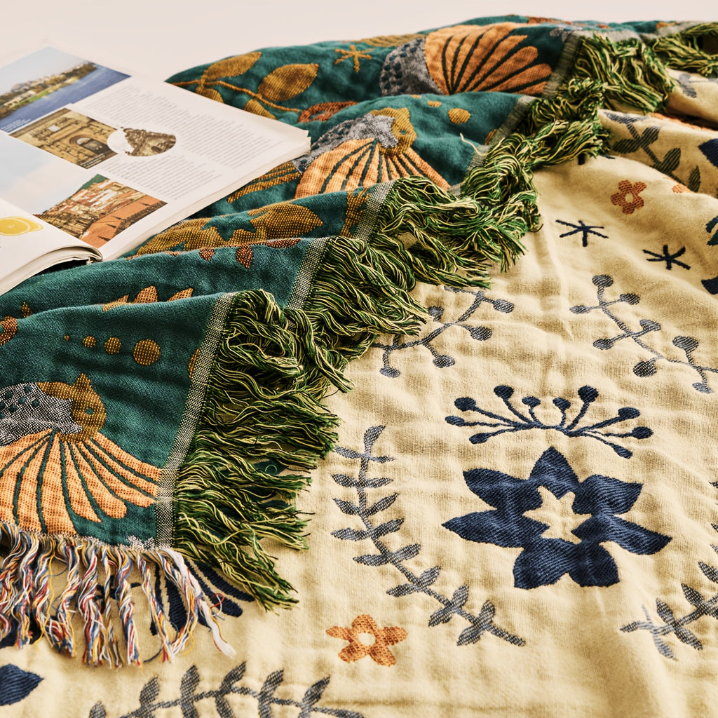 Bird Floral Cotton Throw Blanket Twin Queen King – 100% Cotton Ultra Soft Rustic Quilt, Boho Farmhouse Bed Blanket for Sofa Couch Chair, All Season