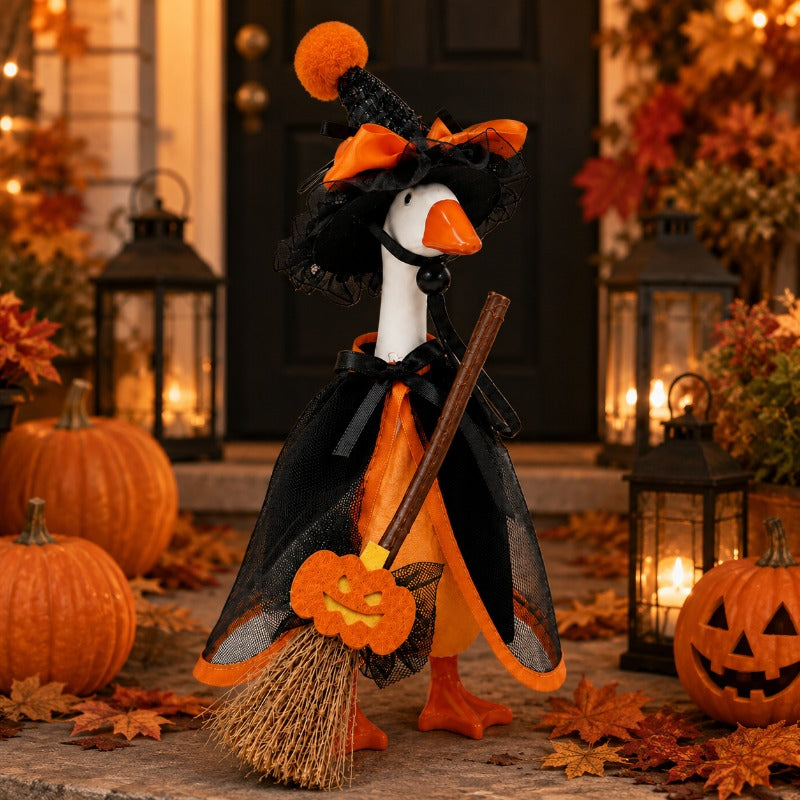 Witch Goose Dress-Up Set 4 Piece – 7-Inch Halloween Goose Statue Costume with Black Mesh Cape, Hat, Lining & Pumpkin Broom | Tabletop Goose Decor Outfit for Indoor & Porch Decoration