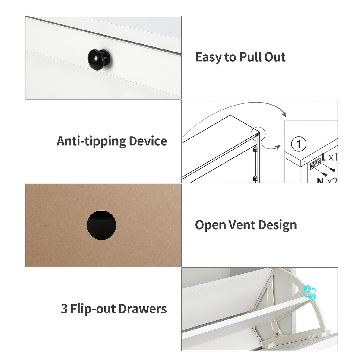 Flip Drawer Shoe Organizer Rack with 2 or 3 Drawers – Space-Saving Shoe Storage Cabinet for Entryway Hallway Bedroom, 3 Colors White Black Rustic Brown