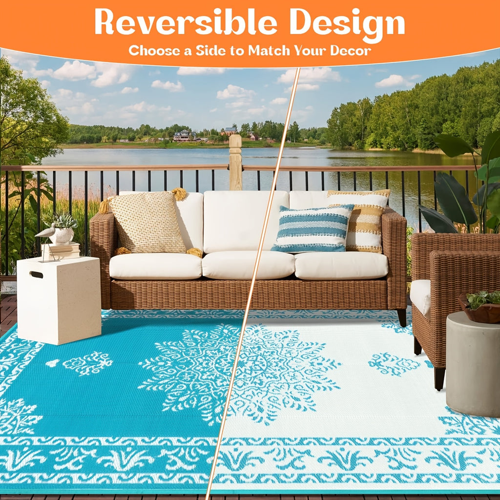 Outdoor Patio Rug Plastic Straw Reversible UV Resistant Portable RV Mat Indoor Outdoor Carpet Porch Deck Balcony Backyard Orange Teal Grey Brown 5x8 6x9 8x10 9x12 ft