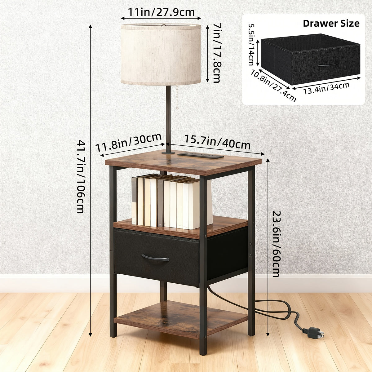 Nightstand with Built-in LED Lamp USB Port & Outlet – 1 or 2 Drawers Bedside Table for Bedroom Living Room, Black Brown White