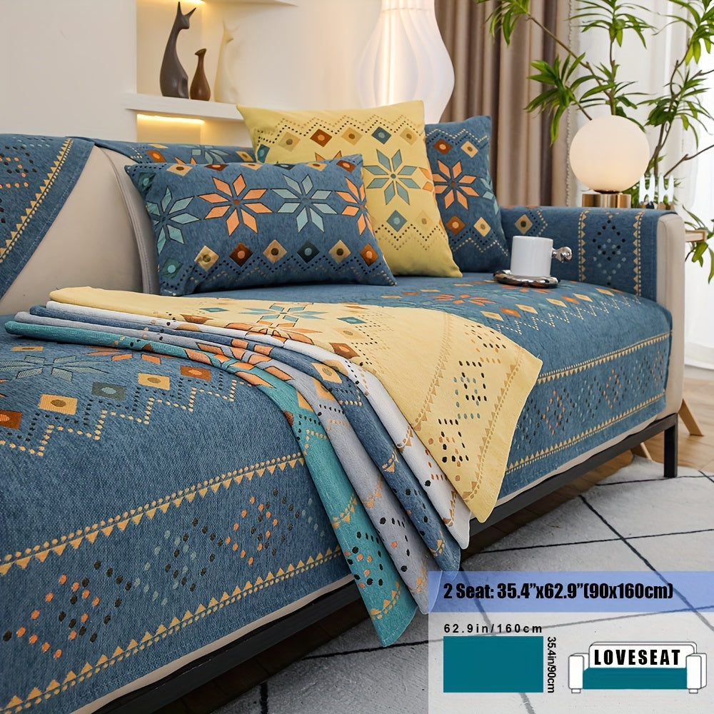 Embroidered Chenille Sofa Slipcover Bohemian Geometric Floral Pattern | Non-Slip Machine Washable Couch Cover for 1-2-3-4 Seater with Armrest & Pillow Cover Options, 6 Colors