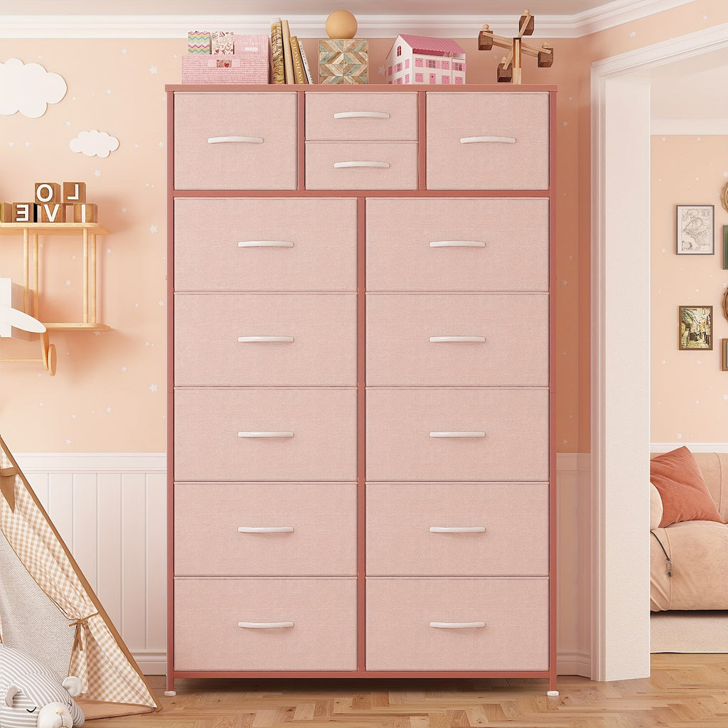Tall Fabric Dresser with Wood Top & Metal Frame – Large Bedroom Dresser Storage Drawer Unit 37"W x 52"H for Closet Living Room Entryway