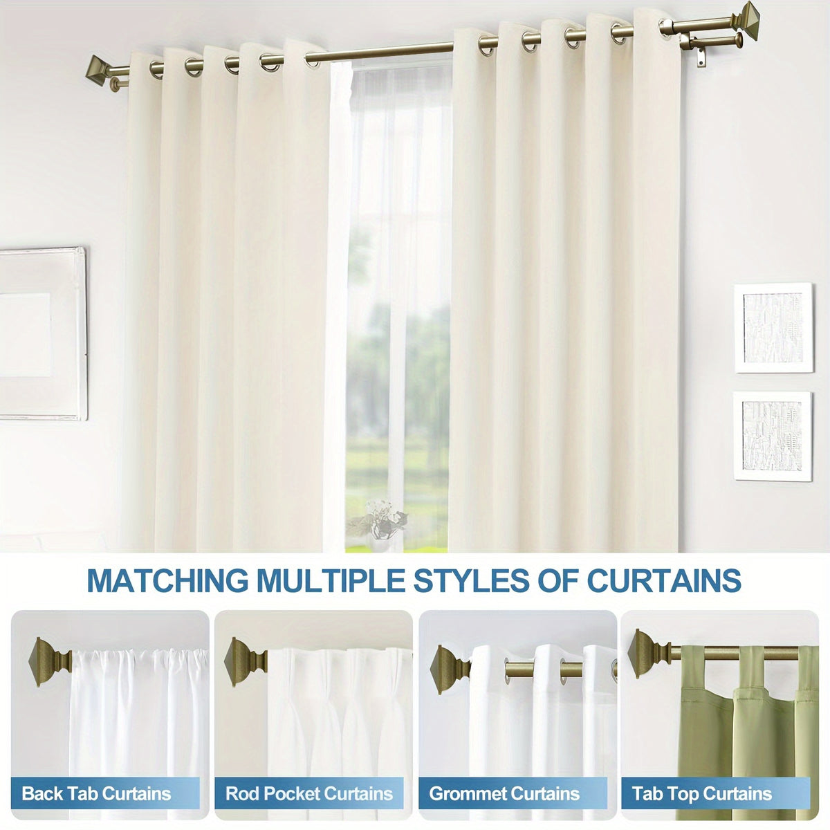 Double Curtain Rod Adjustable 28-48 / 48-84 / 84-120 Inch – 5/8" Front & 1/2" Back Drapery Rod Set with Square Urn Finials & Mounting Hardware | 5 Finishes