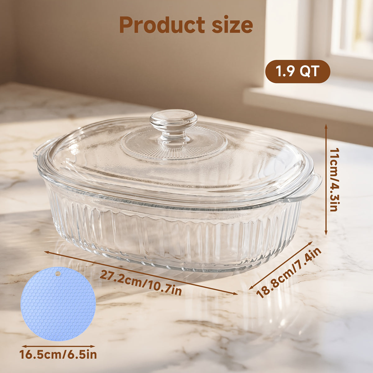 Glass Baking Dish with Lid Set - Borosilicate Casserole Dish with Glass Lid & Silicone Mat, Oven & Microwave Safe, 61oz or 95oz, for Chicken, Pasta, Desserts & Holiday Cooking