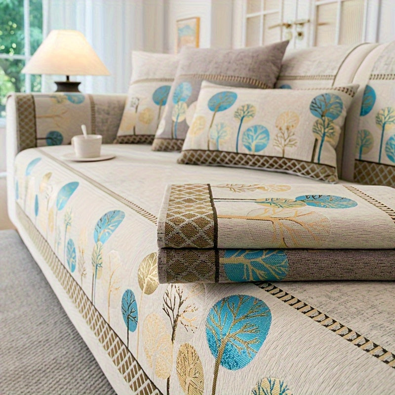 Bohemian Embroidered Sofa Cushion Cover Geometric Tree Leaf Design Pet Friendly Elegant Blue Gold for Living Room Bedroom Office All Sofa Sizes