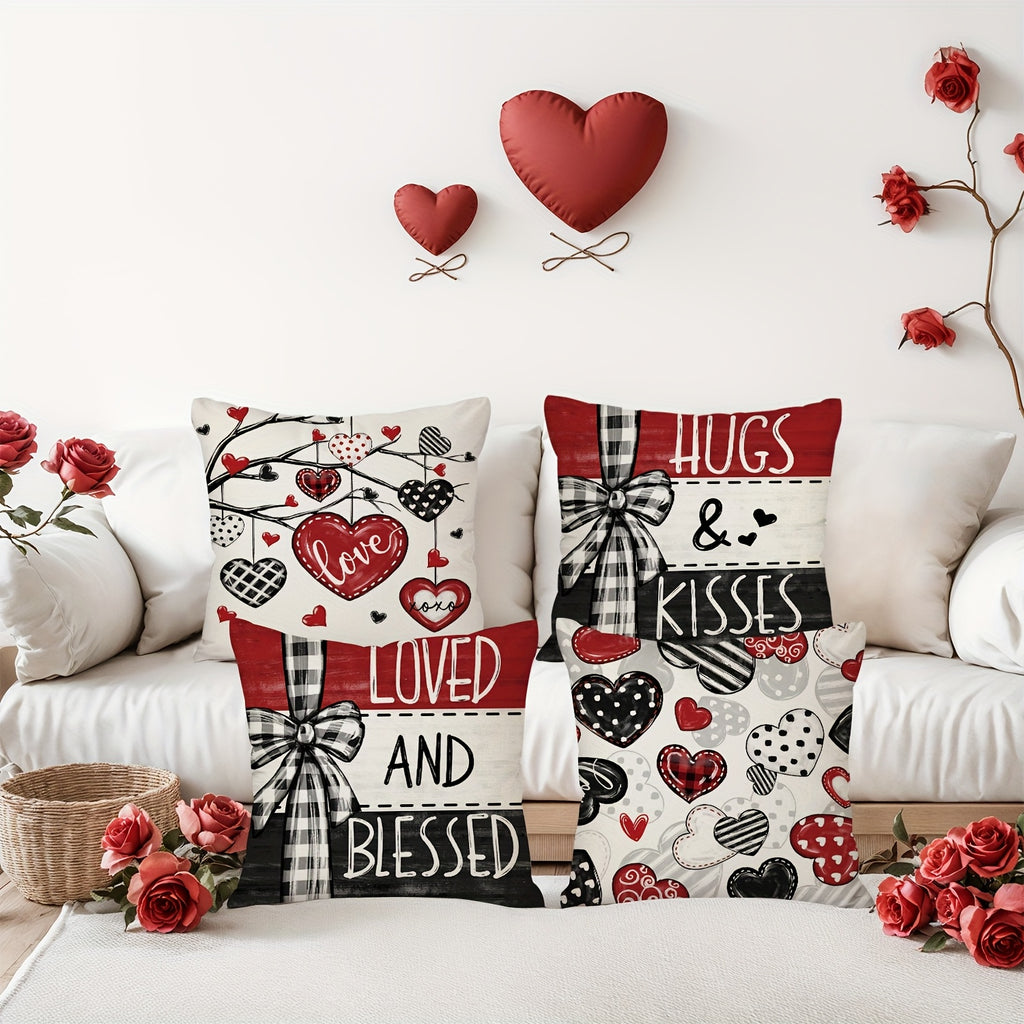 Set of 4 Valentine's Day Throw Pillow Covers – Red & Black Striped Bow | 18x18 inch